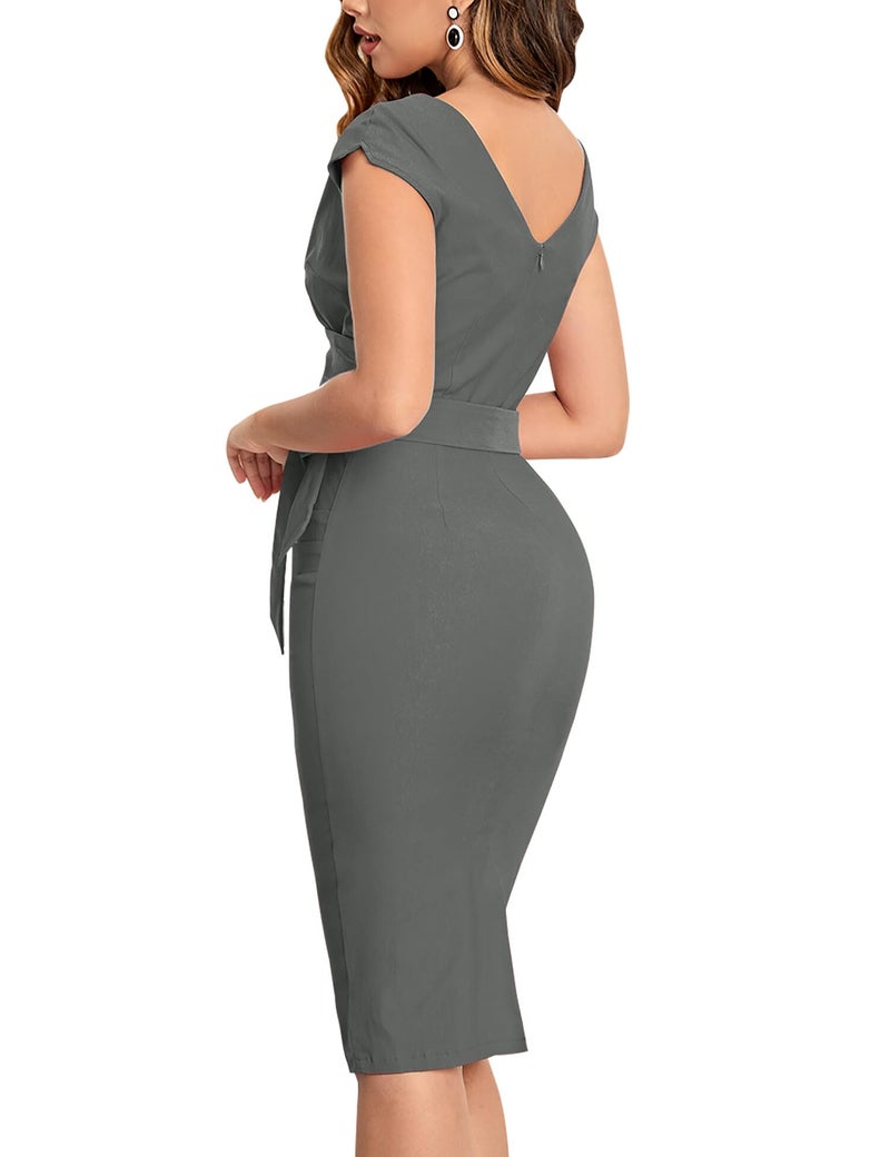 MUXXN Ladies Vintage 50s Wrap V Neck Midi Slim Wear to Work Pencil Dress with Belt Gray L - Image 2